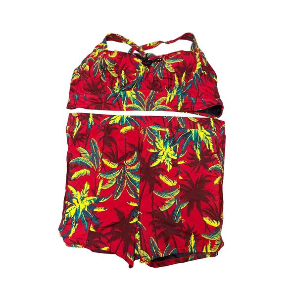 Torrid Red Palm Tropical Print Retro Wireless Ruched Bikini Top & Bottom Set 5X - Picture 2 of 13